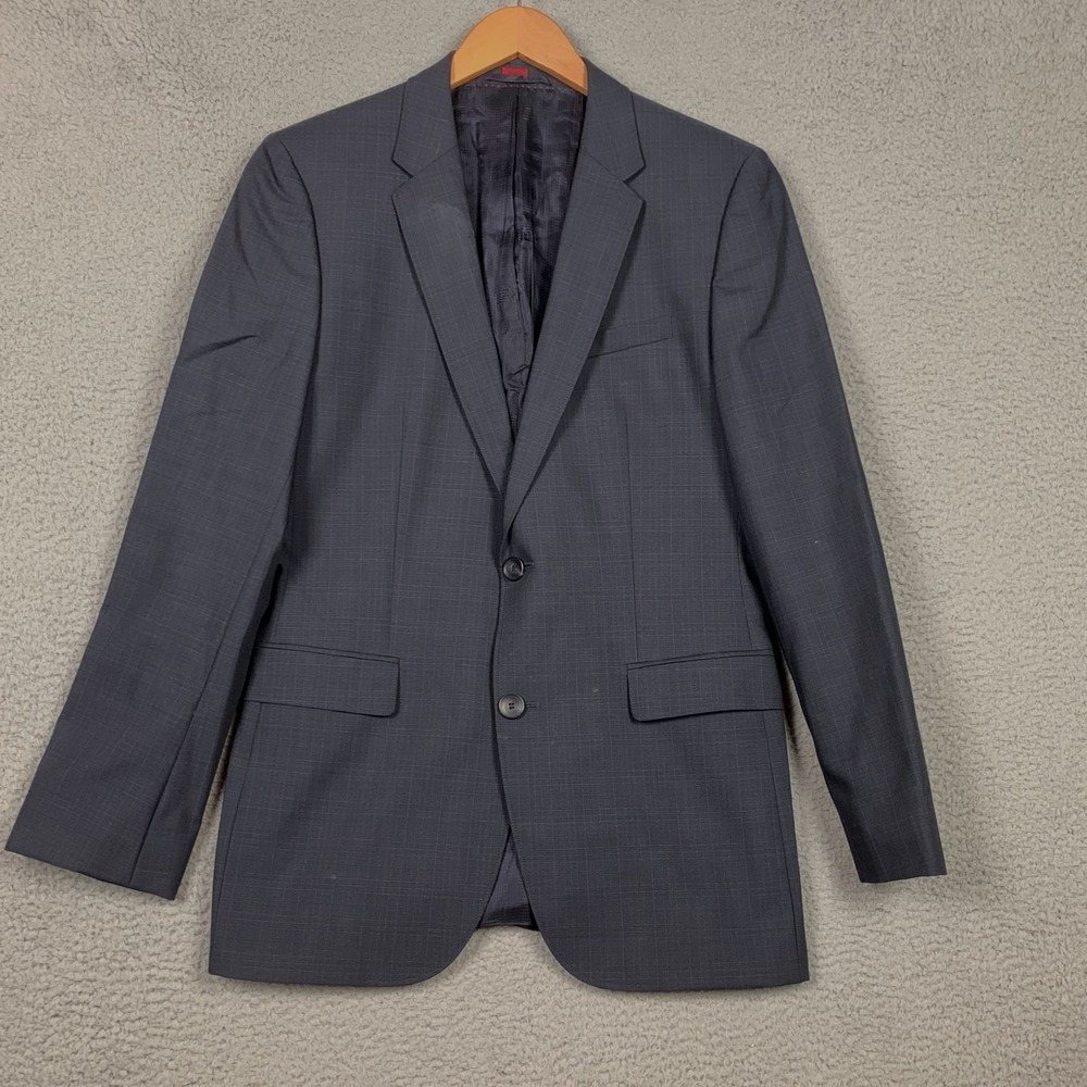 Hugo Boss Aeris Check Blazer Sport Coat‎ 40L Blue Gray Wool Suit Jacket $400